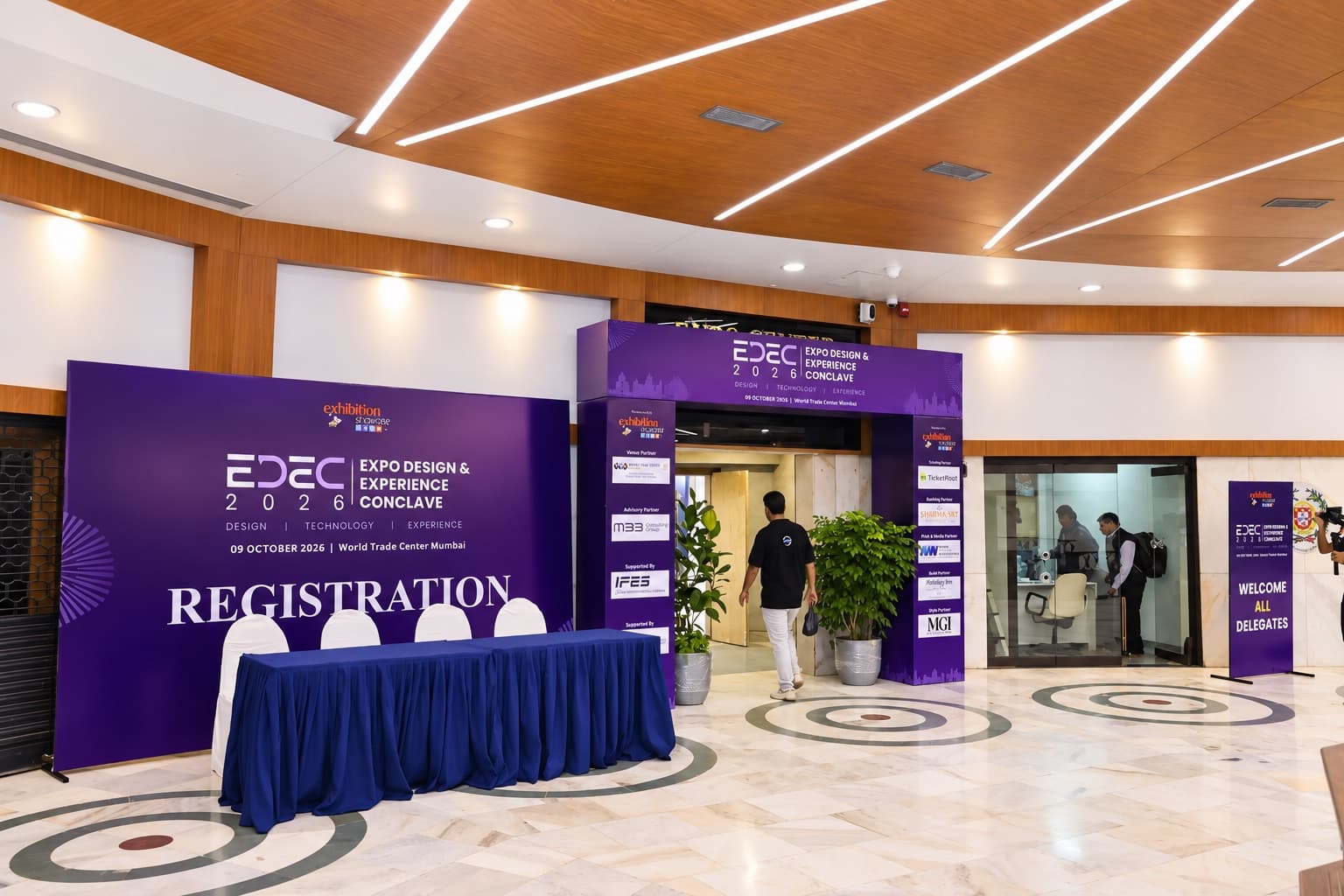 The EDEC 2026 registration desk at the Expo Centre, World Trade Centre, Mumbai