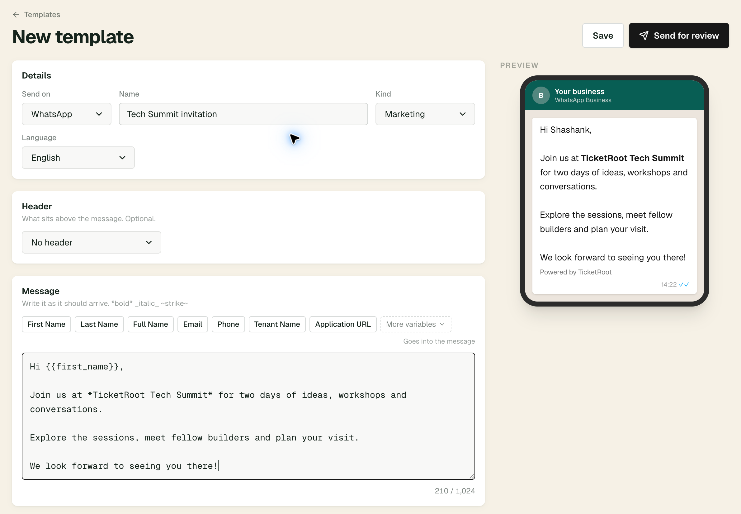 WhatsApp template editor with a personalised Tech Summit invitation and a phone preview alongside it.