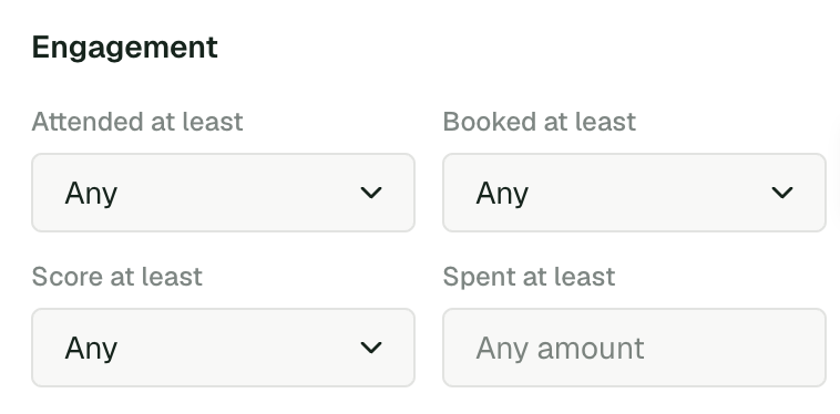 Audience filters for attendance, bookings, engagement score and spending.